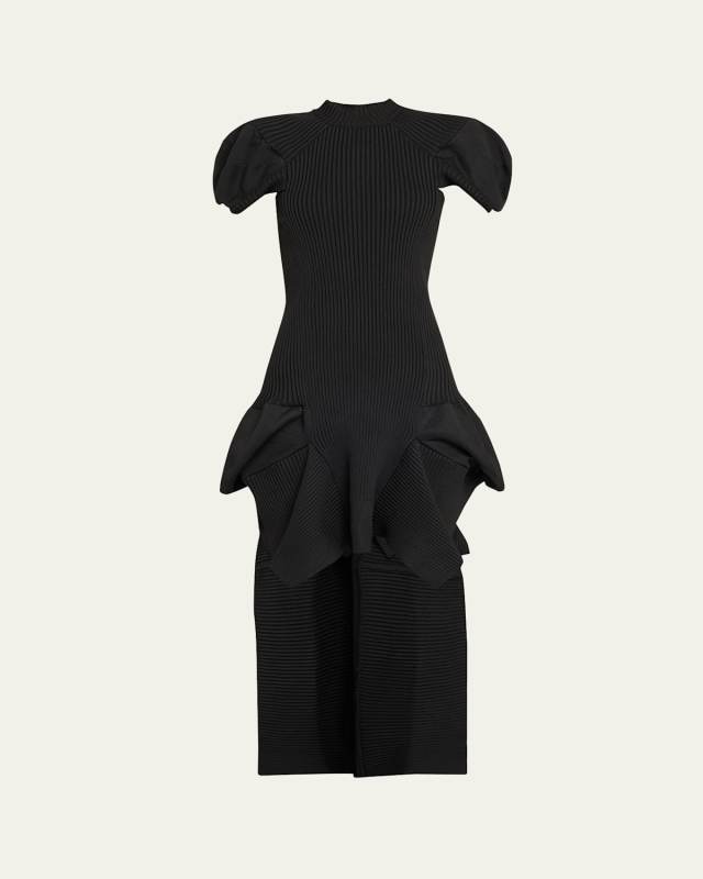 Ribbed Knit High-Low Dress with Train